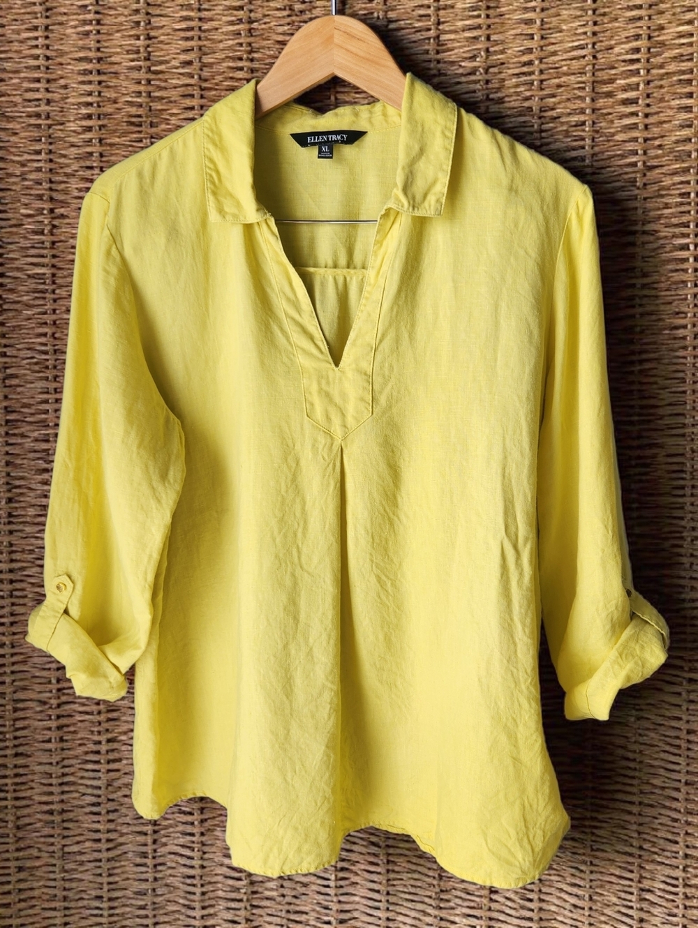 Ellen Tracy Linen Yellow Tunic Collared Top Roll Tab Sleeve Women XL Pleat Front